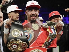 In this June 17, 2017, file photo, Andre Ward celebrates after defeating Sergey Kovalev in a light heavyweight championship boxing match in Las Vegas.