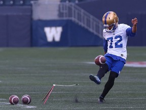 Kicker Félix Ménard-Brière tries a field goal during Winnipeg Blue Bombers training camp in May.