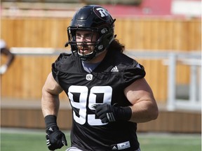 Connor Williams takes part in the Redblacks training camp at TD Place in Ottawa on Sunday, May 28, 2017.