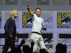 Riz Ahmed (L) and Tom Hardy speak onstage at the Sony Pictures' panel during Comic-Con International 2018 at San Diego Convention Center on July 20, 2018 in San Diego, California. (Kevin Winter/Getty Images)