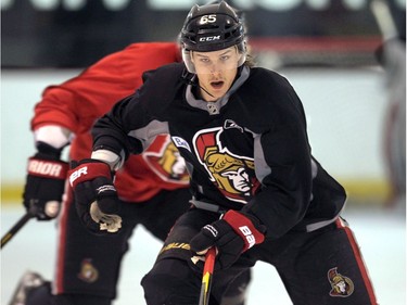 FEBRUARY 24, 2012 --- Ottawa Senators practice at Bell Sensplex Friday. Here, Erik Karlsson takes the puck down the ice during a drill.