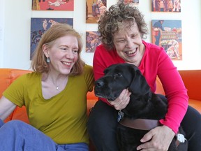 Karen Bailey, left, is an accomplished Ottawa artist who also happens to raise guide dogs. Her friend, Kim Kilpatrick, right, is a storyteller who has had several guide dogs, including Tulia. Together they will host an artistic production, directed by Bronwyn Steinberg, that will focus on guide dogs.