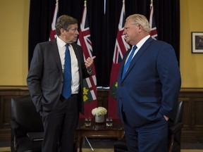 Mayor John Tory (left) met with Premier Doug Ford on Monday. (THE CANADIAN PRESS)