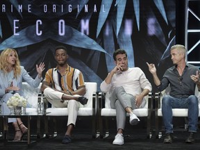 Julia Roberts, from left, Stephan James, Bobby Cannavale and Dermot Mulroney participate in the "Homecoming" panel during the TCA Summer Press Tour on Saturday, July 28, 2018, in Beverly Hills, Calif.