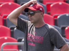 Ottawa Redblacks head coach Rick Campbell watches  during team practice at TD Place on Monday July 16, 2018.