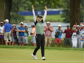 Sung Hyun Park reacts after making a birdie putt on the second playoff hole to win the 2018 KPMG PGA Championship at Kildeer, Ill., on Sunday.