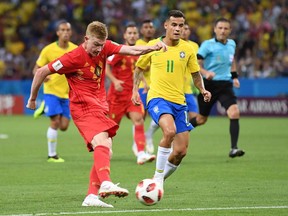 Kevin De Bruyne of Belgium scores the second goal of Friday's match against Brazil in Kazan.