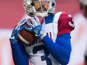 Montreal Alouettes' Chris Williams makes a reception against the B.C. Lions during the first half in Vancouver, on Saturday. June 16, 2018. Williams and Jamaal Westerman will both be in the lineup Saturday when the Hamilton Tiger-Cats host the Ottawa Redblacks. (THE CANADIAN PRESS/PHOTO)