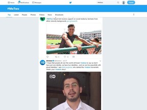 This Monday, July 30, 2018 screenshot shows the #MeTwo Twitter website. The hashtag, a play on the #MeToo movement against sexual harassment, was created by journalist Ali Can following the resignation of soccer star Mesut Ozil. (AP Photo/Michael Sohn)