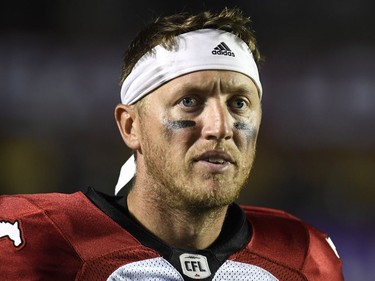 Calgary Stampeders quarterback Bo Levi Mitchell (19) walks off the field after second half CFL action against the Ottawa Redblacks in Ottawa on Thursday, July 12, 2018.