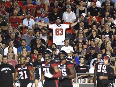 An Ottawa Redblacks fan reacts after a play during second half CFL action between the Ottawa Redblacks and the Calgary Stampeders in Ottawa on Thursday, July 12, 2018.