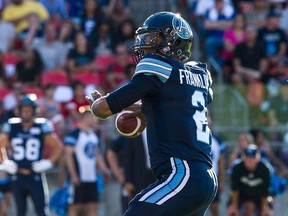 Toronto Argonauts quarterback James Franklin prepares to pass the football against the Edmonton Eskimos during second quarter CFL action in Toronto on Saturday, July 7, 2018.