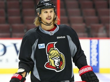 Erik Karlsson of the Ottawa Senators practices during morning skate at the Canadian Tire Centre in Ottawa, September 24, 2014.