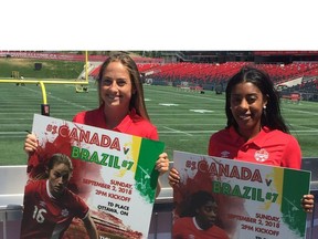 Canadian national women's team soccer players Janine Beckie (left) and Ashley Lawrence were in Ottawa Monday to promote an international friendly against Brazil Sept. 2 at TD Place.