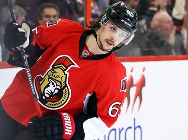 Erik Karlsson of the Ottawa Senators celebrates his shootout goal against the New Jersey Devils at Canadian Tire Centre in Ottawa, April 10, 2014.  For Ottawa Citizen story by , SPORTS Assignment #116698