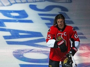 Erik Karlsson of the Ottawa Senators gets ready to play game four of the playoffs against the Montreal Canadiens at  the Canadian Tire Centre in Ottawa, April 22, 2015.