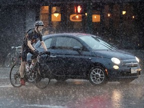 A cyclist in the rain.