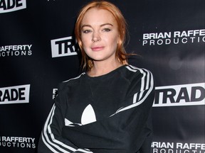 Lindsay Lohan at Super Trade LGBTQ Party on Jan. 14, 2018. (JMF/WENN.com)