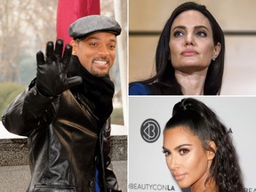 Will Smith, Angelina Jolie and Kim Kardashian West are seen in this combo shot. (Carlos Alvarez/Getty Images/FABRICE COFFRINI/AFP/Getty Images/David Livingston/Getty Images)