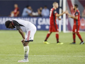 Ottawa Fury FC's Eddie Edward reacts after his team's loss against the Toronto FC during the second half of Canadian Championship soccer action in Toronto, Wednesday July 25, 2018.