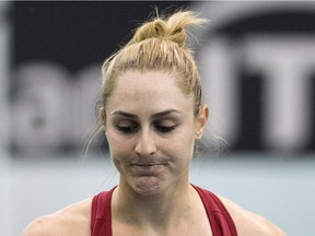 Gabriela Dabrowski of Canada reacts during her match against Kateryna Bondarenko of Ukraine at the Fed Cup tennis tournament in Montreal, Sunday, April 22, 2018.