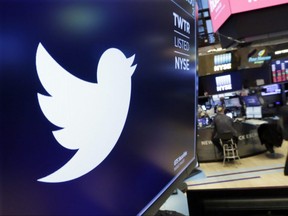 In this Feb. 8, 2018 file photo, the logo for Twitter is displayed above a trading post on the floor of the New York Stock Exchange.
