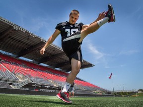 Kicker Lewis Ward practices his kicks as the Ottawa Redblacks practice at TD Place in advance of the next game on Thursday in Toronto.
