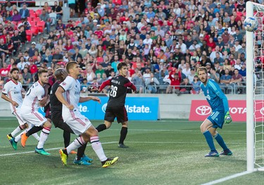 Fury’s Thomas Meilleur-Giguere (26) looks on as the ball sails wide past Toronto FC goalkeeper Clint Irwin during Wednesday night’s opening leg of their Canadian Championship semifinal in Ottawa. Steve Kingsman/Freestyle Photography/Ottawa Fury FC