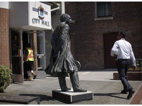 A statue of Sir John A. Macdonald was removed from outside Victoria City Hall.