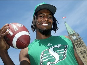 Duron Carter posed for a photo in the shadow of the Peace Tower on Parliament Hill when the Roughriders were in Ottawa in June. Julie Oliver/Postmedia