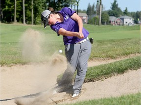 Previous Sun Scramble champion Shari Johnson plays a bunker shot during Thursday's round at eQuinelle. Julie Oliver/Postmedia