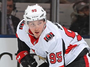 TORONTO, ON - FEBRUARY 10: Matt Duchene #95 of the Ottawa Senators skates with the puck against the Toronto Maple Leafs during an NHL game at the Air Canada Centre on February 10, 2018 .