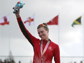 Joanna Brown of Carp, shown here celebrating a bronze medal in the Commonwealth Games in April, was fourth in a World Triathlon Series event in Montreal on Saturday.