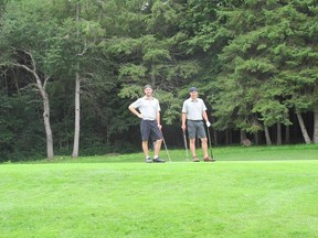 Scott MacDougall and Tyler McGuire are in second place after Day 1 of the Ottawa Sun Scramble's Absolute Comedy C Division played Tuesday at Dragonfly Golf Links, (MAYA MACKENZIE/ PHOTO)