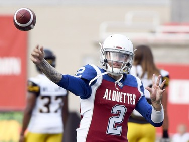 Montreal Alouettes quarterback Johnny Manziel throws a pass during the pre-game warm-up before Friday's CFL game against the visiting Hamilton Tiger-Cats.