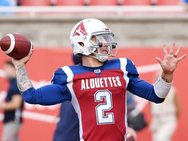 Montreal Alouettes quarterback Johnny Manziel makes warm-up tosses ahead of Friday's CFL game against the Hamilton Tiger-Cats in Montreal.