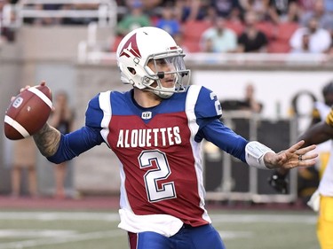 Alouettes quarterback Johnny Manziel (2) looks for a receiver during the first quarter against the Tiger-Cats.