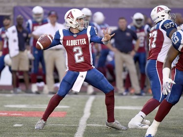 Alouettes quarterback Johnny Manziel (2) looks for a receiver during the first quarter against the Tiger-Cats.