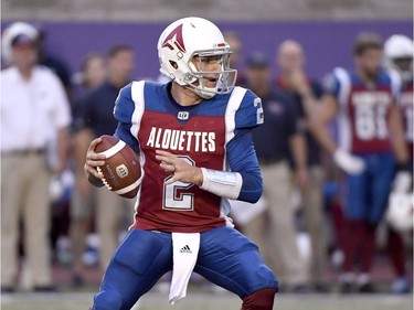 Montreal Alouettes quarterback Johnny Manziel (2) looks for a receiver during the first quarter of the game against the Hamilton Tiger-Cats..