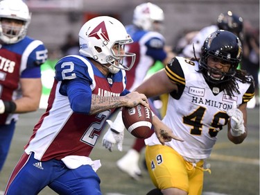 Alouettes quarterback Johnny Manziel (2) runs with the ball during the first quarter of Friday's game against the Tiger-Cats.