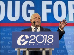 Ontario Premier Doug Ford speaks at the Conservative national convention in Halifax on Aug. 23.