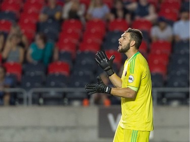 Fury FC goalkeeper Maxime Crépeau encourages his teammates during Friday's home match against the Tampa Bay Rowdies. Ottawa won 2-0.  Steve Kingsman/Freestyle Photography for Ottawa Fury FC