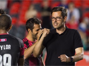 Fury FC head coach Nikola Popovic, right, celebrates on the sidelines of Friday's contest against the Rowdies. A 2-0 victory lifted Fury FC back into potential playoff position in the Eastern Conference. Steve Kingsman/Freestyle Photography for Ottawa Fury FC