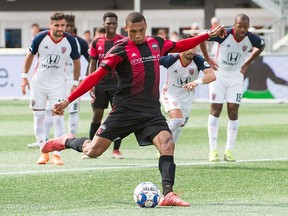 The Ottawa Fury FC's Steevan Dos Santos steps into a penalty kick on Saturday, Aug. 18 against the Indy Eleven at TD Place Stadium. A moment later, the ball hit the goal post, and in the end the Fury FC would have to settle for a nil-nil draw.