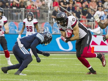 Ottawa Redblacks wide receiver Brad Sinopoli (88) carries the ball during second quarter CFL action against the Toronto Argonauts in Toronto on Thursday, August, 2, 2018.