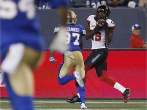 Redblacks receiver Dominique Rhymes catches a long pass and takes the ball down close to the goal-line in the Aug. 17 game against the Winnipeg Blue Bombers.