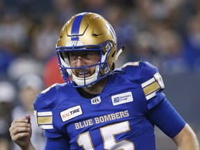 Winnipeg Blue Bombers quarterback Matt Nichols (15) gets injured during the second half of CFL action against the Ottawa Redblacks in Winnipeg Friday, August 17, 2018.