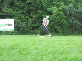 Franco Crupi hits a tee shot during Day 1 of the Ottawa Sun Scramble's Absolute Comedy C Division Tuesday at Dragonfly Golf Links. (MAYA MACKENZIE PHOTO)