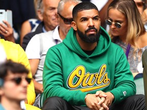 Rapper Drake attends day eight of the Wimbledon Championships at All England Lawn Tennis and Croquet Club on July 10, 2018 in London. (Michael Steele/Getty Images)