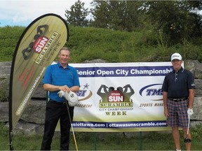 Stan Hogan, left, and Graham Gunn are again leading the Ottawa Sun Scramble's TMSI Senior Open Division after Friday's opening round at GreyHawk.
ClubEG photo